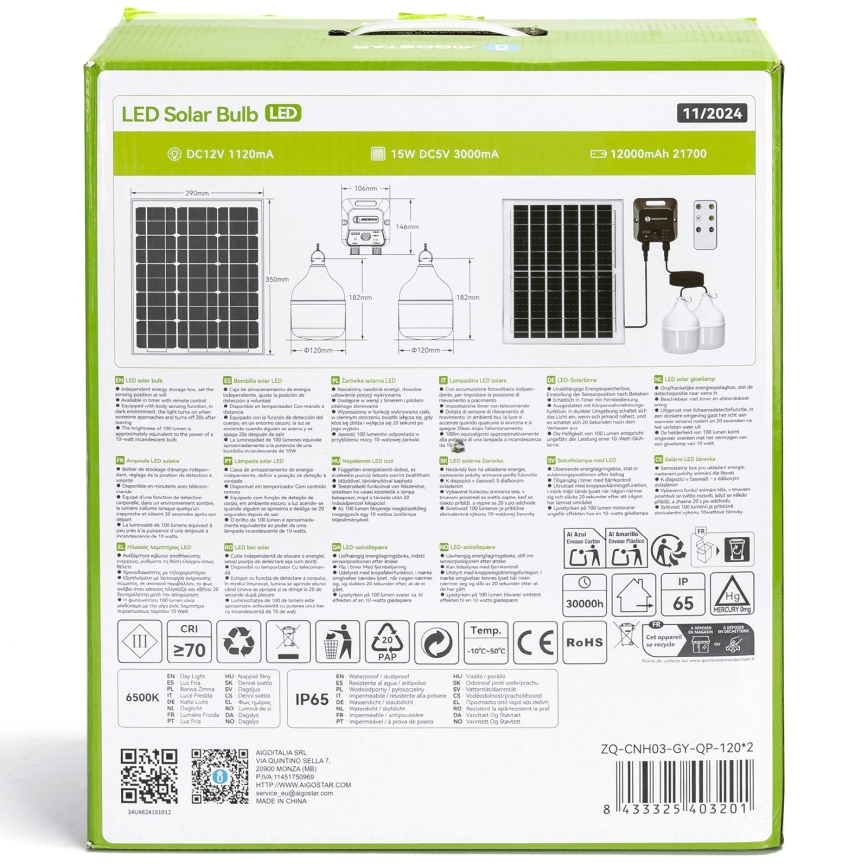 Aigostar - Suspension solaire avec détecteur 2xLED/70W/12V 12000 mAh 6500K d. 12 cm + Télécommande
