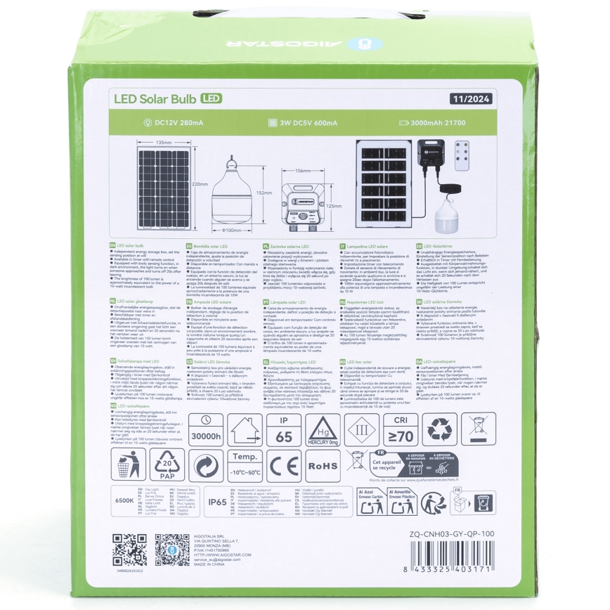 Aigostar - Suspension solaire avec détecteur LED/35W/12V 3000 mAh 6500K d. 10 cm + Télécommande