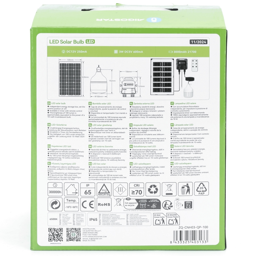 Aigostar - Suspension solaire LED/35W/12V 3000 mAh 6500K d. 10 cm + Télécommande