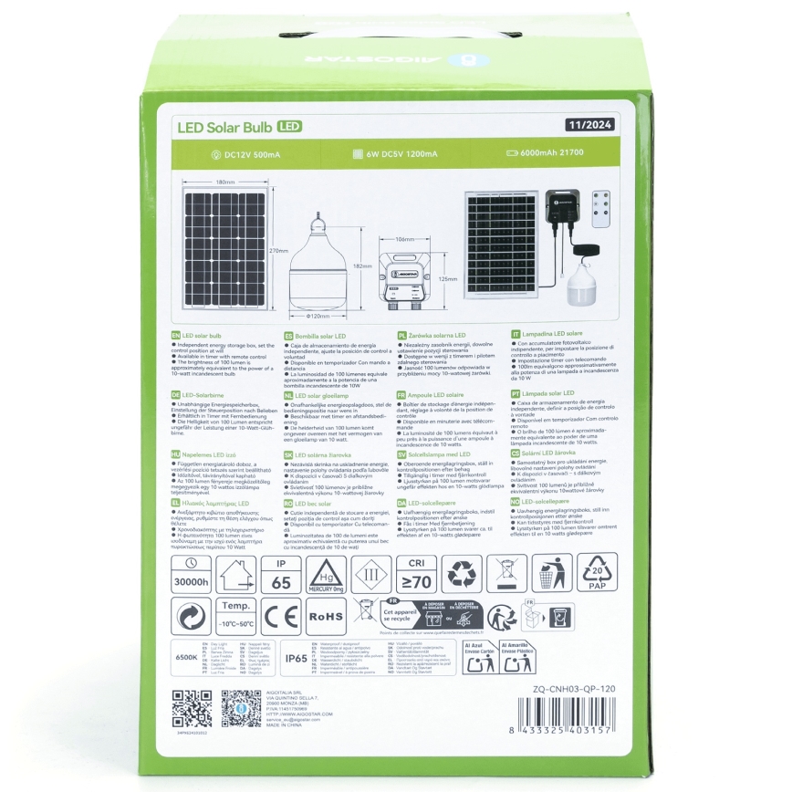 Aigostar - Suspension solaire LED/70W/12V 6000 mAh 6500K d. 12 cm + Télécommande