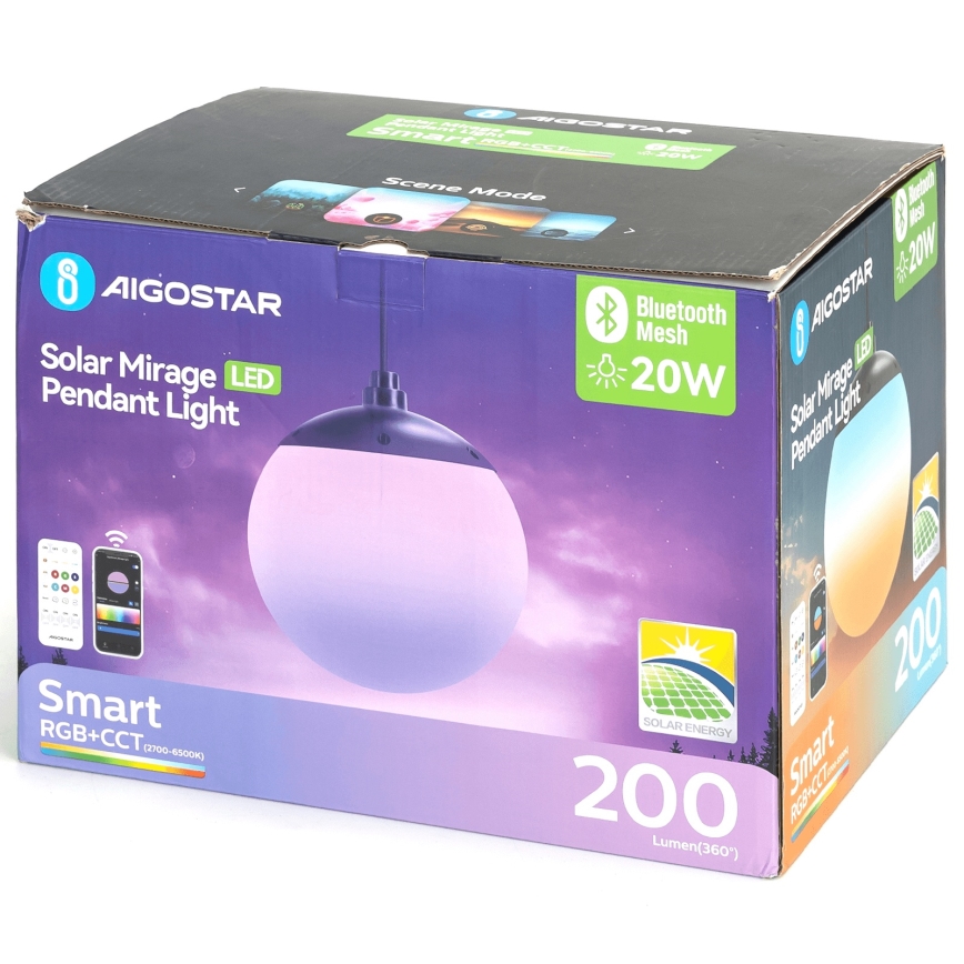 Aigostar - Suspension solaire RGB à intensité variable MESH LED/20W/3,7V 4000 mAh 2700K-6500K IP65 d. 15 cm