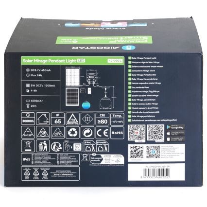 Aigostar - Suspension solaire RGB à intensité variable MESH LED/20W/3,7V 4000 mAh 2700K-6500K IP65 d. 15 cm