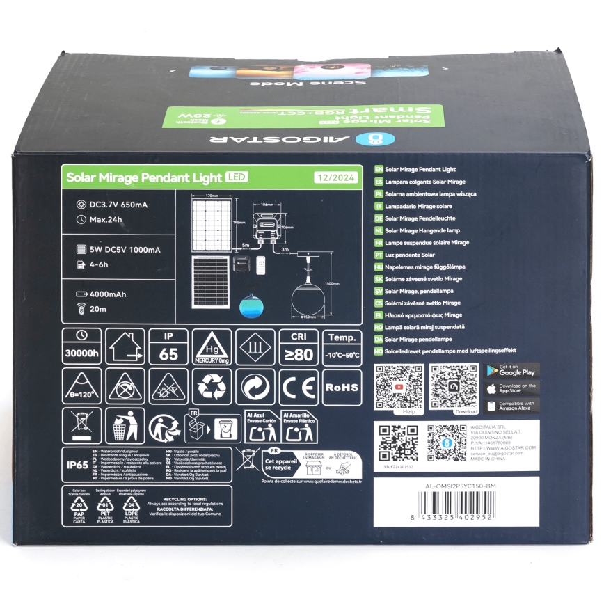 Aigostar - Suspension solaire RGB à intensité variable MESH LED/20W/3,7V 4000 mAh 2700K-6500K IP65 d. 15 cm