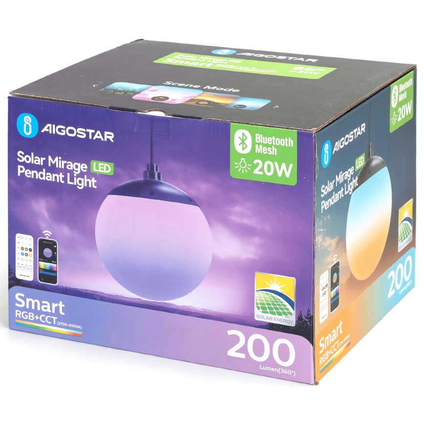 Aigostar - Suspension solaire RGB à intensité variable MESH LED/20W/3,7V 4000 mAh 2700K-6500K IP65 d. 20 cm