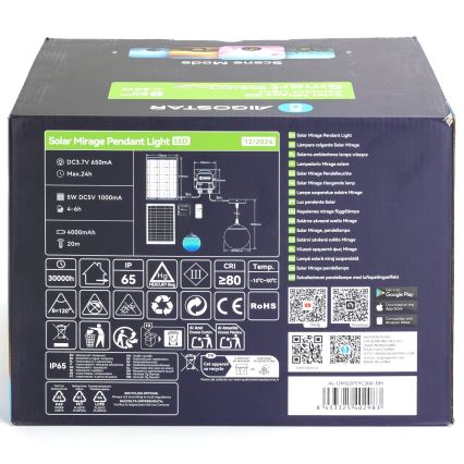 Aigostar - Suspension solaire RGB à intensité variable MESH LED/20W/3,7V 4000 mAh 2700K-6500K IP65 d. 20 cm