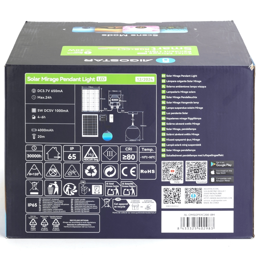 Aigostar - Suspension solaire RGB à intensité variable MESH LED/20W/3,7V 4000 mAh 2700K-6500K IP65 d. 20 cm