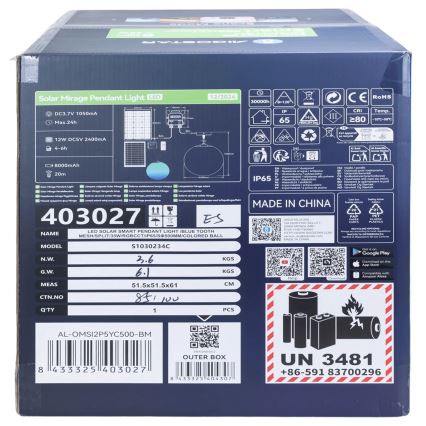 Aigostar - Suspension solaire à intensité variable RGBW MESH LED/35W/3,7V 8000 mAh 2700K-6500K IP65 d. 50 cm