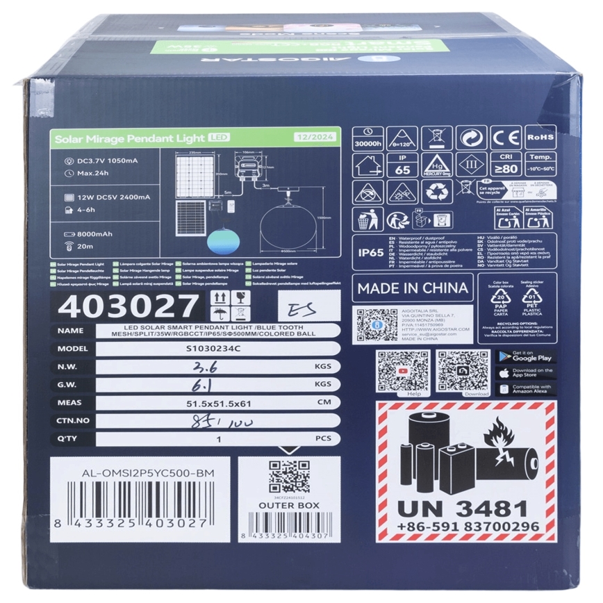 Aigostar - Suspension solaire à intensité variable RGBW MESH LED/35W/3,7V 8000 mAh 2700K-6500K IP65 d. 50 cm