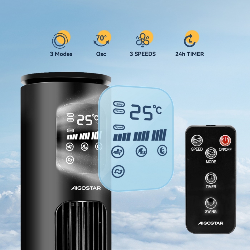 Aigostar - Ventilateur colonne 50W/230V noir Wi-Fi + télécommande