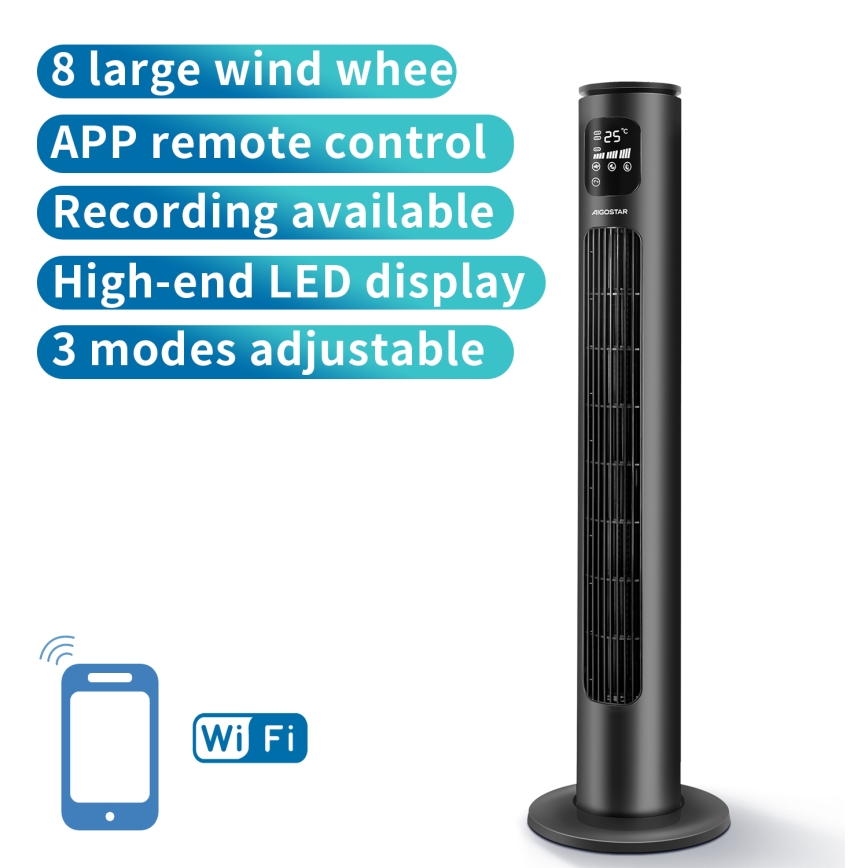 Aigostar - Ventilateur colonne 50W/230V noir Wi-Fi + télécommande
