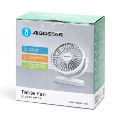 Aigostar - Ventilateur de bureau rechargeable 4W/5V 1500mAh blanc
