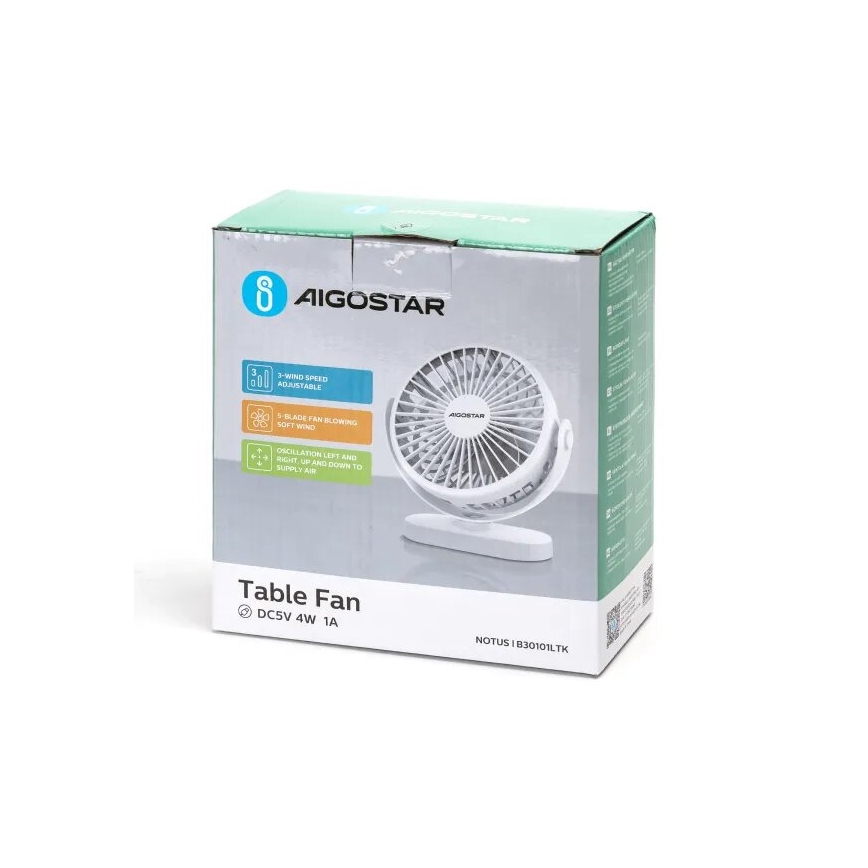 Aigostar - Ventilateur de bureau rechargeable 4W/5V 1500mAh blanc