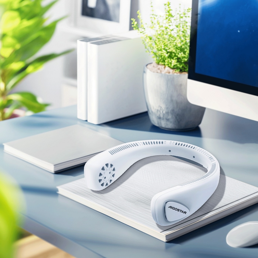 Aigostar - Ventilateur de cou rechargeable 4W/5V 2000mAh blanc