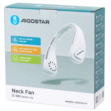 Aigostar - Ventilateur de cou rechargeable 4W/5V 2000mAh blanc