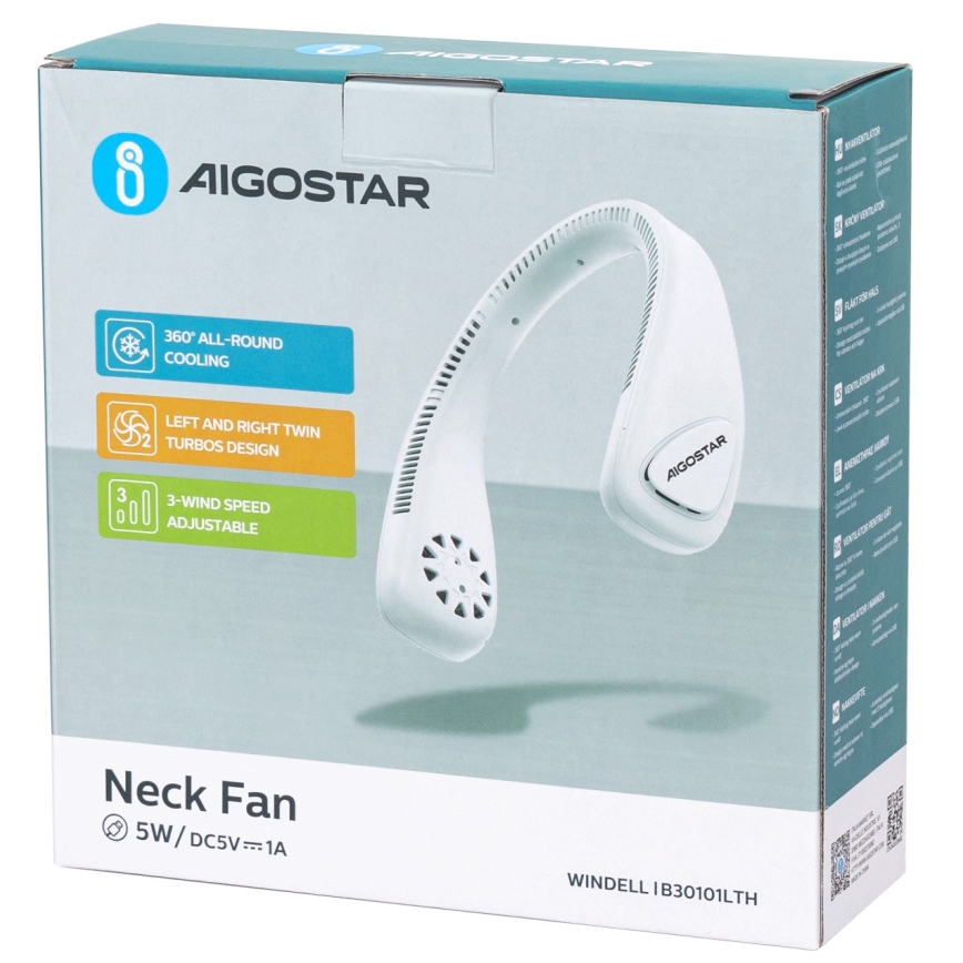 Aigostar - Ventilateur de cou rechargeable 4W/5V 2000mAh blanc
