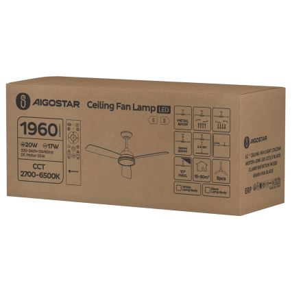 Aigostar - Ventilateur de plafond à intensité variable LED/20W/230V 2700-6500K 132cm blanc/beige + télécommande