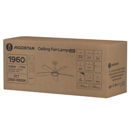 Aigostar - Ventilateur de plafond à intensité variable LED/20W/230V 2700-6500K 132cm blanc/beige + télécommande