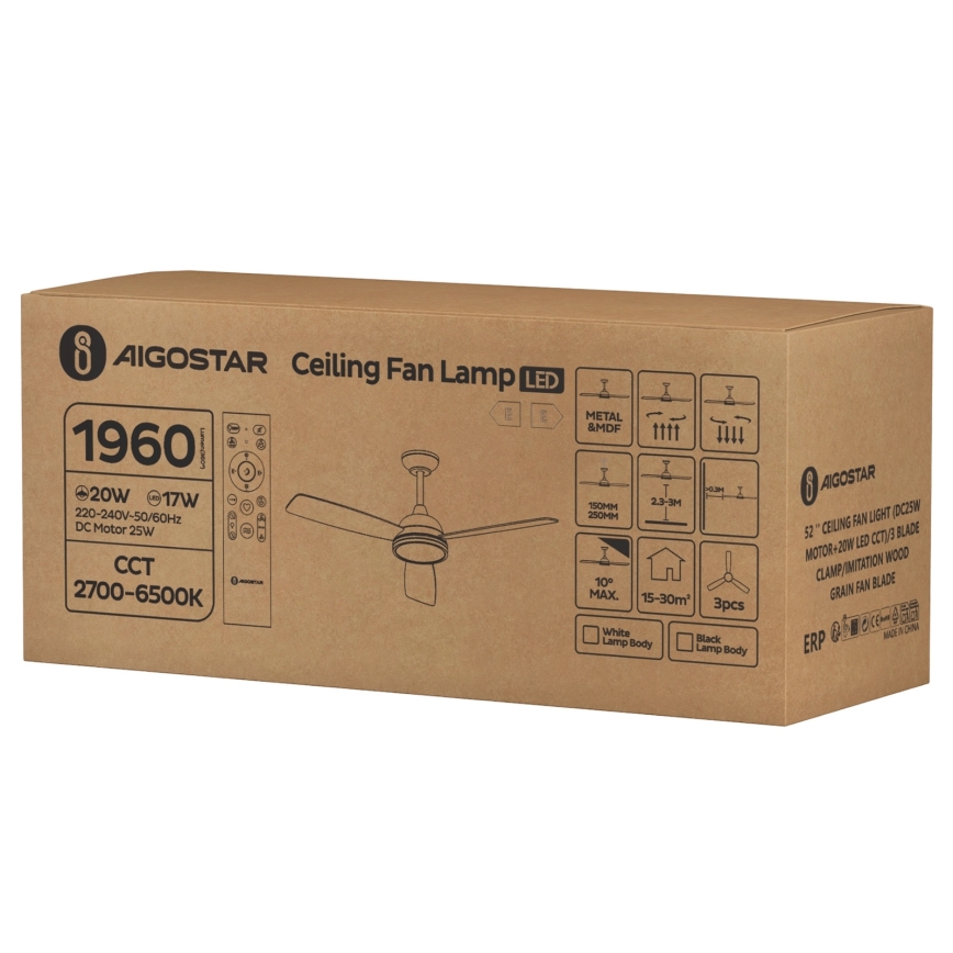 Aigostar - Ventilateur de plafond à intensité variable LED/20W/230V 2700-6500K 132cm marron + télécommande