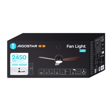 Aigostar - Ventilateur de plafond à intensité variable LED/24W/230V 2700-6500K 106,6 cm + télécommande