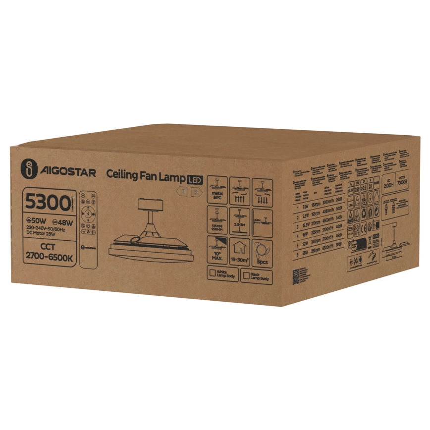 Aigostar - Ventilateur de plafond à intensité variable LED/50W/230V 2700-6500K 106cm blanc + télécommande