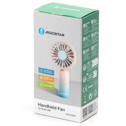 Aigostar - Ventilateur de poche rechargeable 3 W / 5 V, batterie 500 mAh, USB, rose/bleu