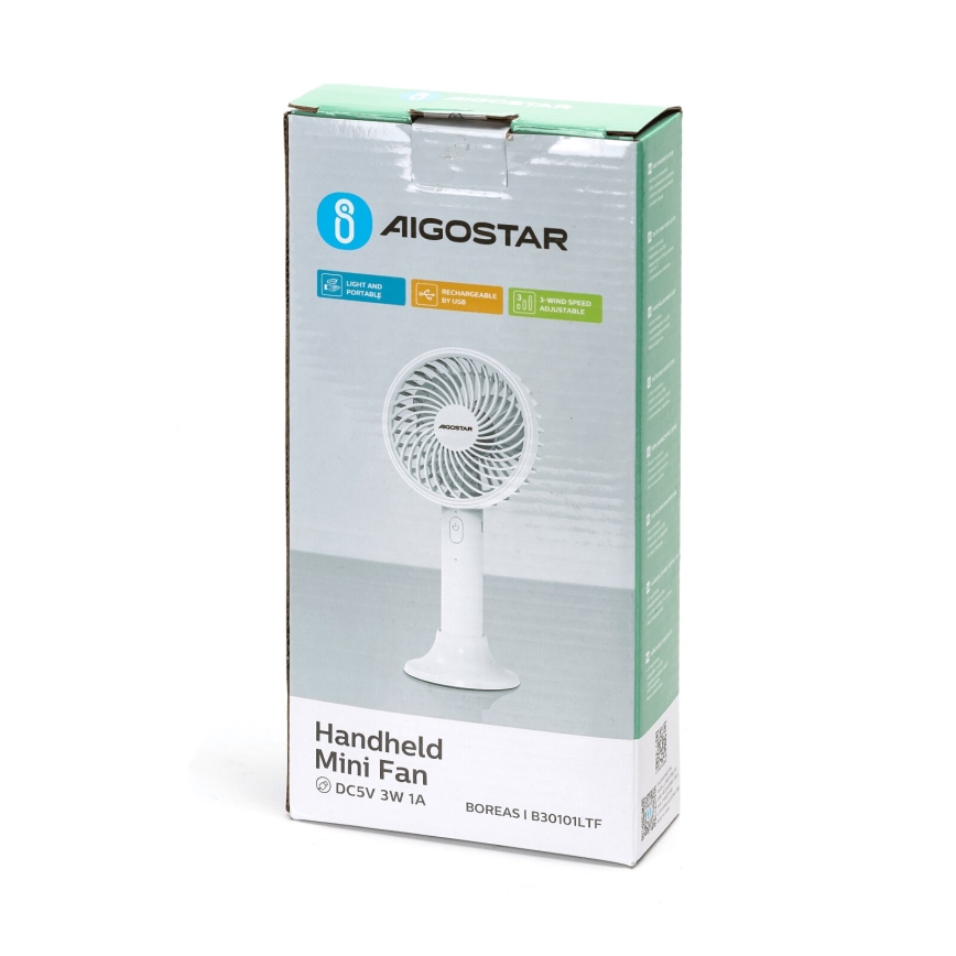 Aigostar - Ventilateur de poche rechargeable 3W/5V 1500mAh USB blanc