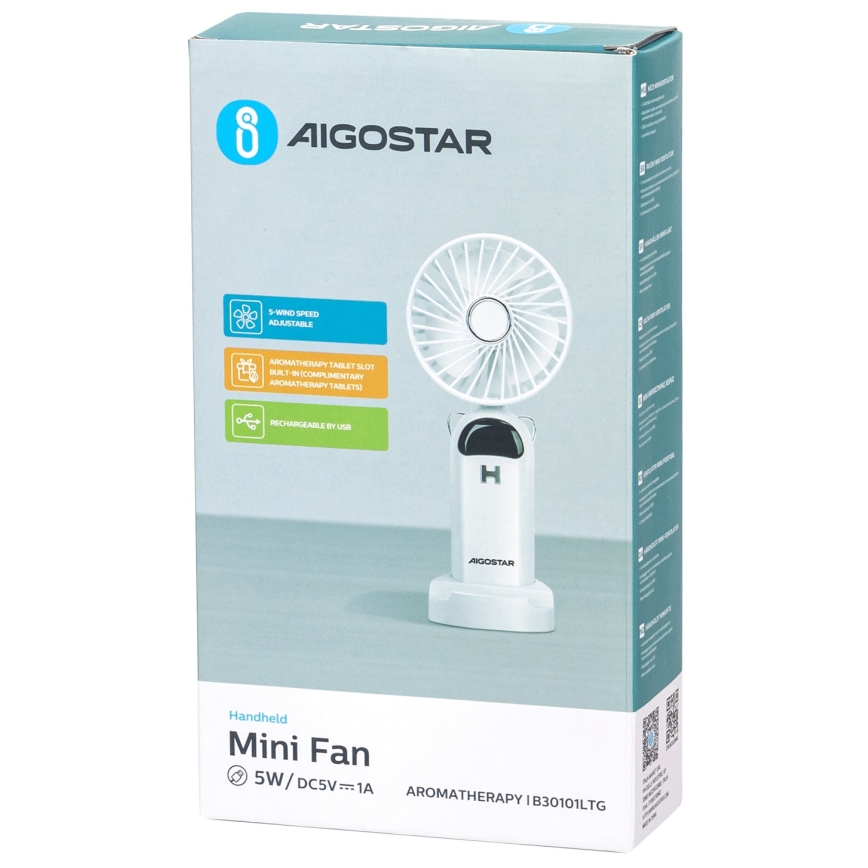 Aigostar - Ventilateur de poche rechargeable 4W/5V 1200mAh blanc