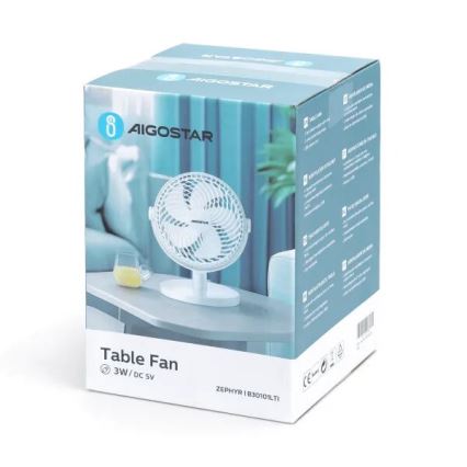 Aigostar - Ventilateur de table 3W/5V blanc