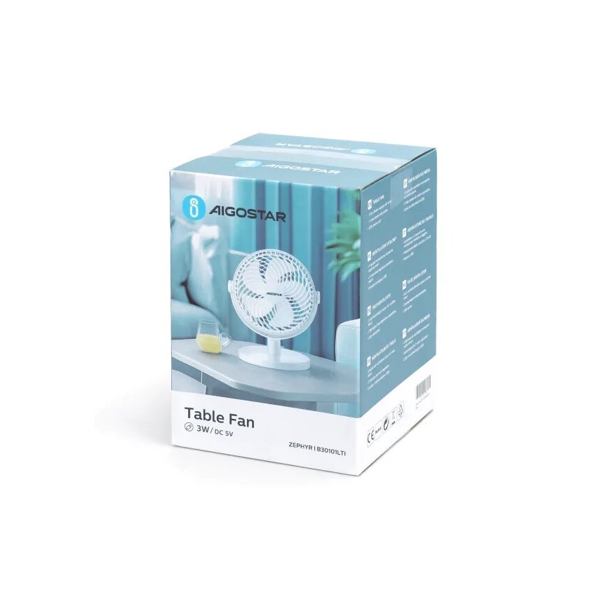Aigostar - Ventilateur de table 3W/5V blanc