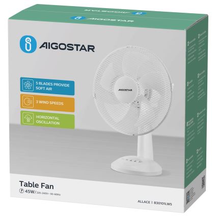 Aigostar - Ventilateur de table 45 W / 230 V, blanc