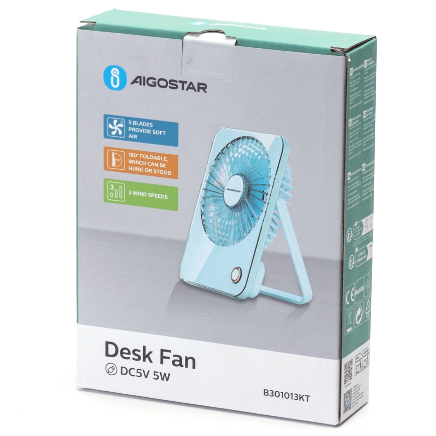 Aigostar - Ventilateur de table rechargeable 5W/5V 3600mAh USB bleu