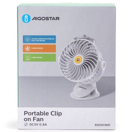 Aigostar - Ventilateur de table rechargeable avec pince 2W/5V 2400mAh USB blanc