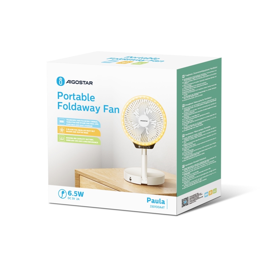 Aigostar - Ventilateur LED pliable sans fil avec port USB 6,5W/5V 8000 mAh