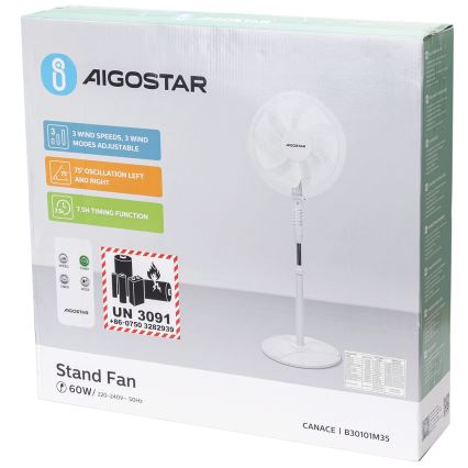 Aigostar - Ventilateur sur pied 60W/230V blanc + télécommande