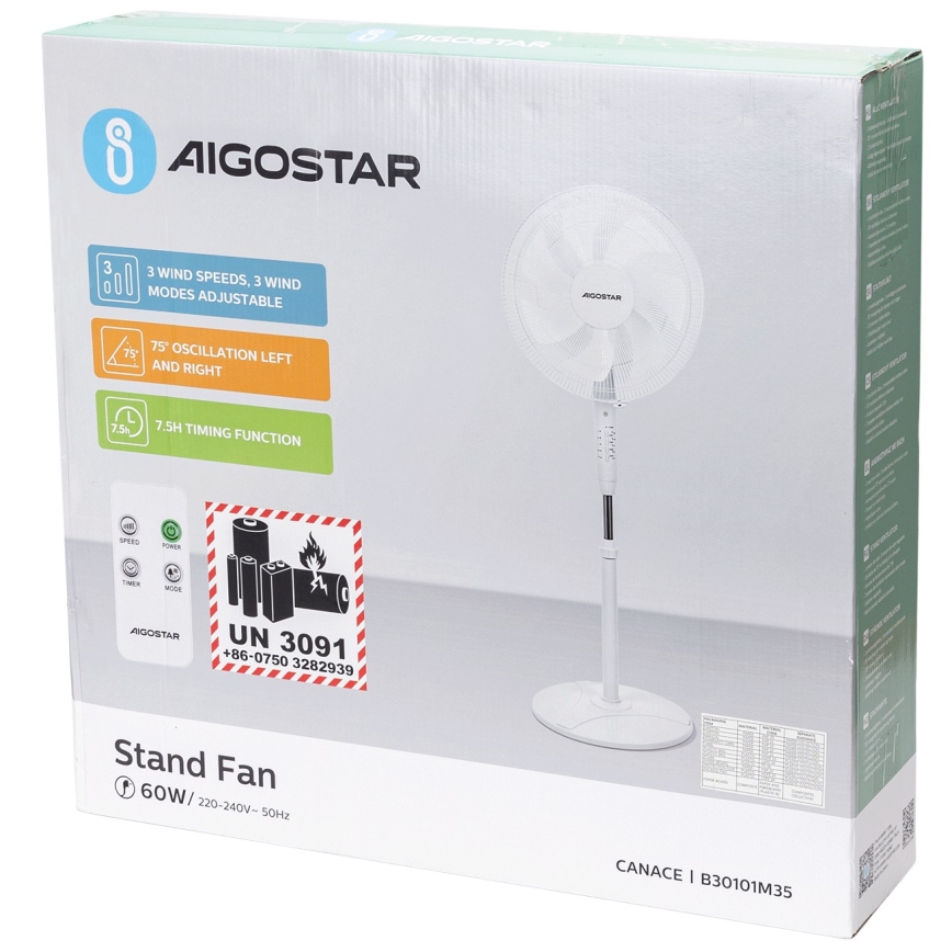 Aigostar - Ventilateur sur pied 60W/230V blanc + télécommande