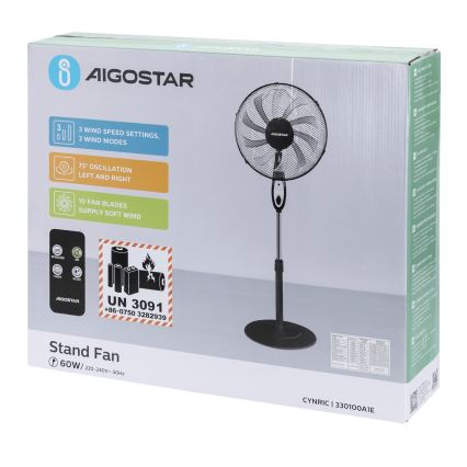 Aigostar - Ventilateur sur pied 60W/230V noir + Télécommande