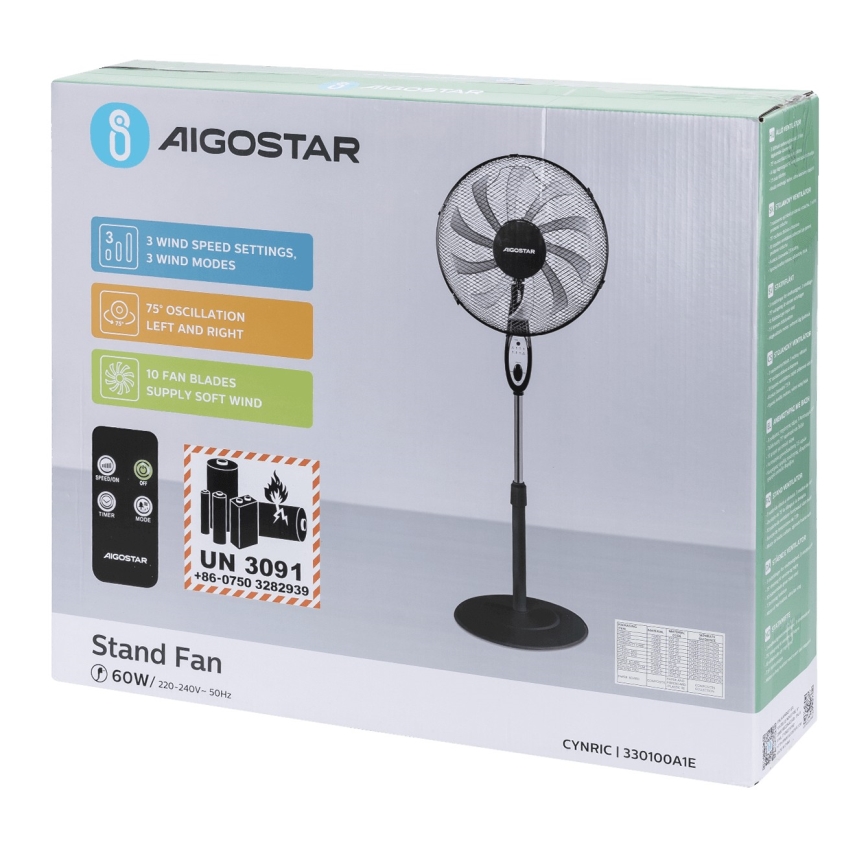 Aigostar - Ventilateur sur pied 60W/230V noir + Télécommande