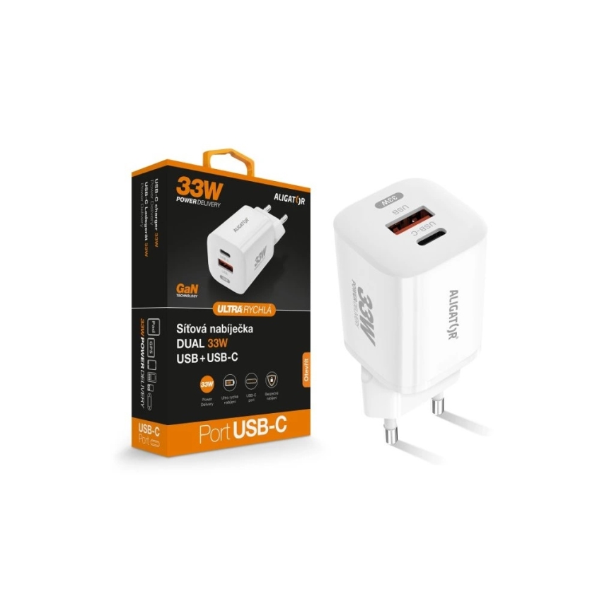 Aligator CHPD0020 - Adaptateur de charge rapide GaN Power Delivery 33 W USB-A + USB-C, blanc