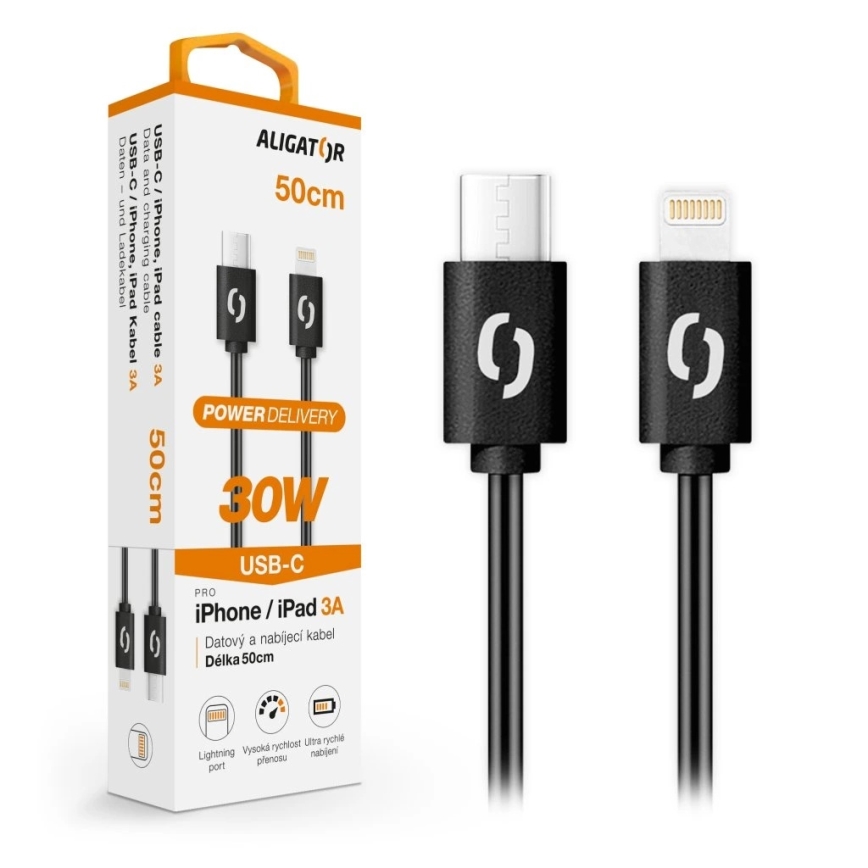 Aligator DATKP56 - câble USB USB-C / Lightning 30W Power Delivery 0,5m noir