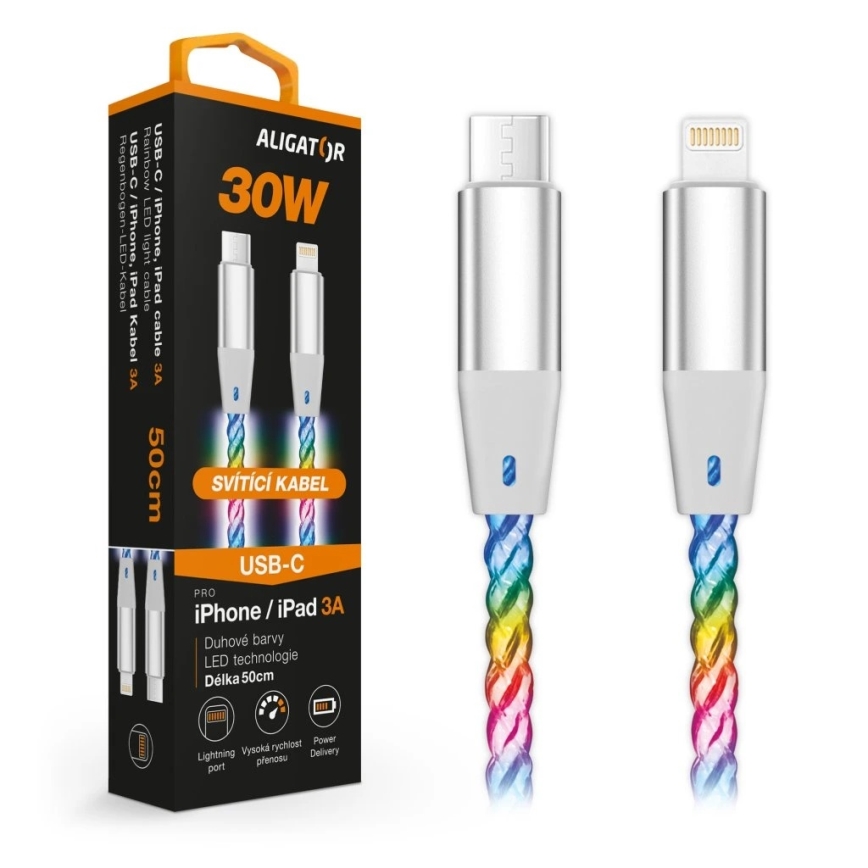 Aligator DATKP65 - câble USB USB-C / Lightning avec rétroéclairage LED 30 W Power Delivery 0,5 m