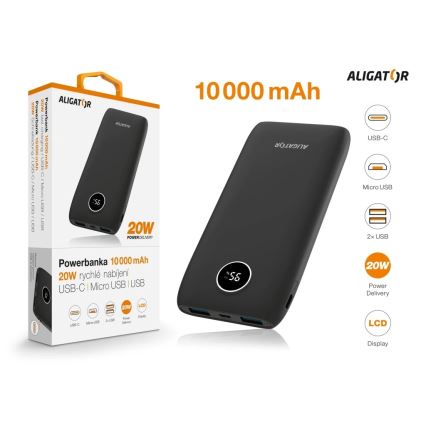 Aligator PBPD10BK - Batterie externe avec écran LCD, Power Delivery, 10 000 mAh / 20 W / 3,7 V, noir