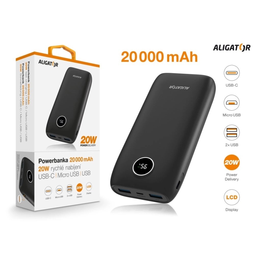 Aligator PBPD20BK - Batterie externe avec écran LCD Power Delivery 20000 mAh/20W/3,7V noire