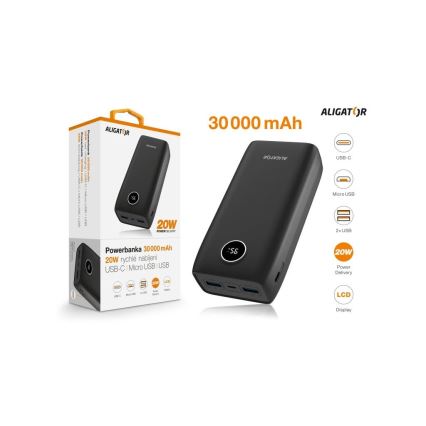 Aligator PBPD30BK - Batterie externe avec écran LCD, Power Delivery 30 000 mAh/20 W/3,7 V, noire