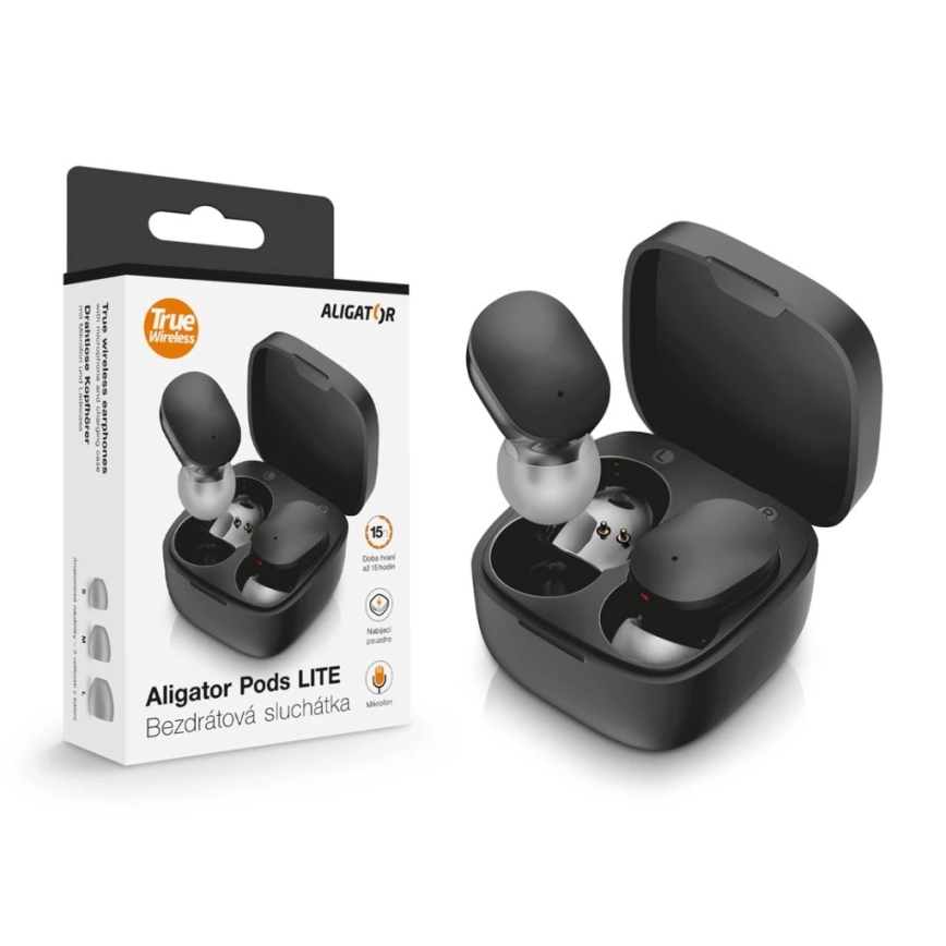 Aligator TWS05 - Écouteurs sans fil Pods LITE 200 mAh + 2 x 30 mAh IP30 noirs