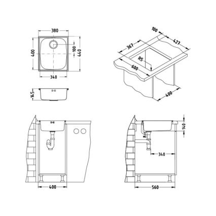 ALVEUS 1082195 - Évier de cuisine BASIC 44x38 cm, inox satiné, bonde de grand diamètre