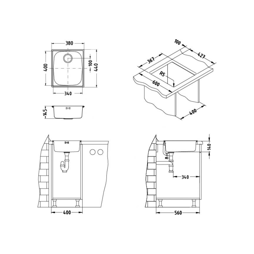 ALVEUS 1082195 - Évier de cuisine BASIC 44x38 cm, inox satiné, bonde de grand diamètre