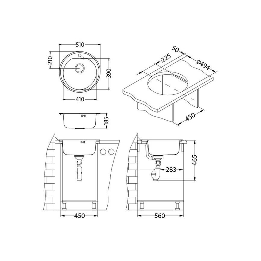 ALVEUS 1116756 - Évier de cuisine FORM Ø 51 cm acier inoxydable satiné, profondeur 18,5 cm