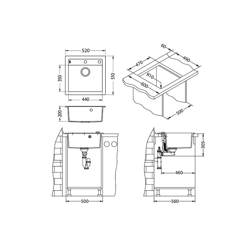 ALVEUS 1149133 - Évier de cuisine FORMIC 52x51 cm granit/noir
