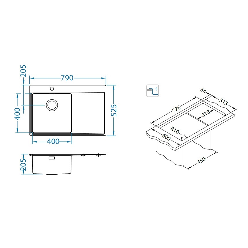 ALVEUS 1149516 - Évier de cuisine PURE 79 x 52,5 cm, finition satinée, côté droit + siphon avec bonde à fermeture rapide