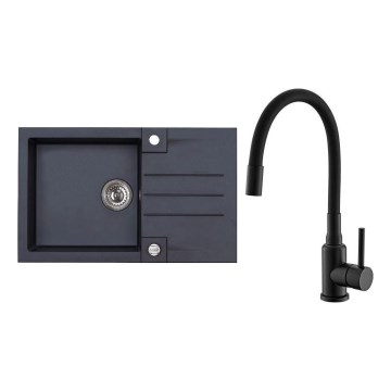 ALVEUS SETA23201 - évier de cuisine ROCK 78x48 cm + mitigeur à bec flexible MINTAS 34 cm granit/noir mat